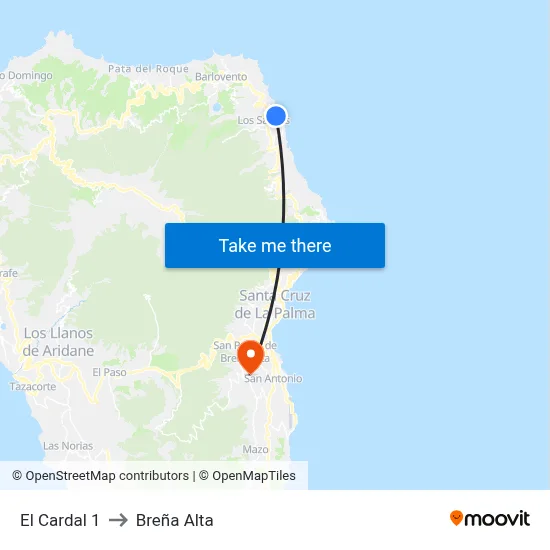 El Cardal 1 to Breña Alta map