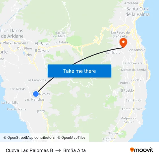 Cueva Las Palomas B to Breña Alta map