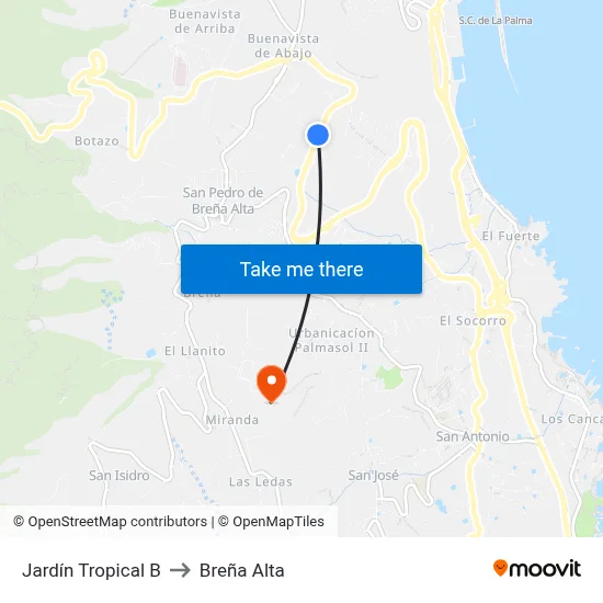 Jardín Tropical B to Breña Alta map