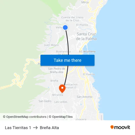 Las Tierritas 1 to Breña Alta map