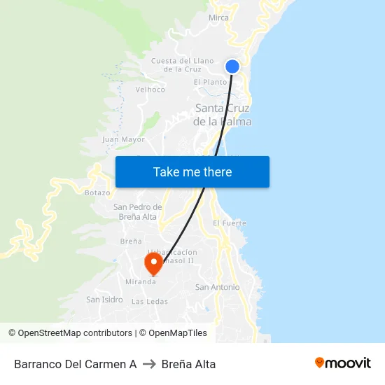 Barranco Del Carmen A to Breña Alta map