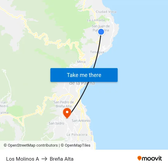 Los Molinos A to Breña Alta map