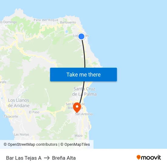 Bar Las Tejas A to Breña Alta map