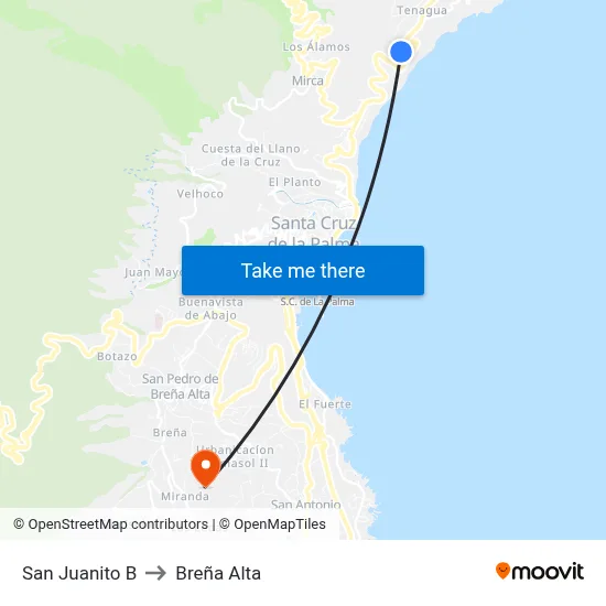 San Juanito B to Breña Alta map