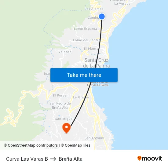 Curva Las Varas B to Breña Alta map