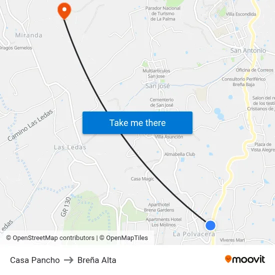 Casa Pancho to Breña Alta map