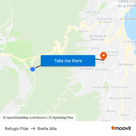 Refugio Pilar to Breña Alta map