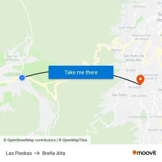 Las Piedras to Breña Alta map