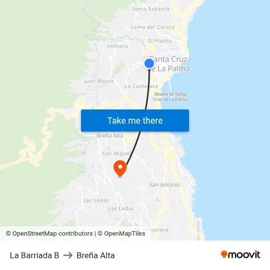 La Barriada B to Breña Alta map