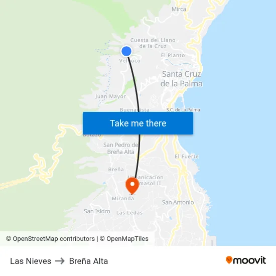 Las Nieves to Breña Alta map