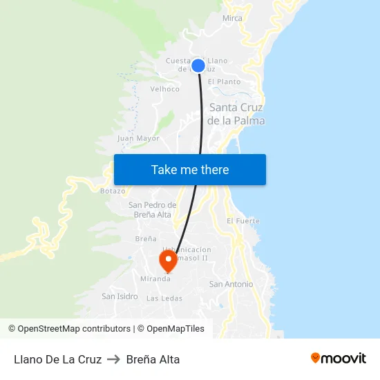 Llano De La Cruz to Breña Alta map