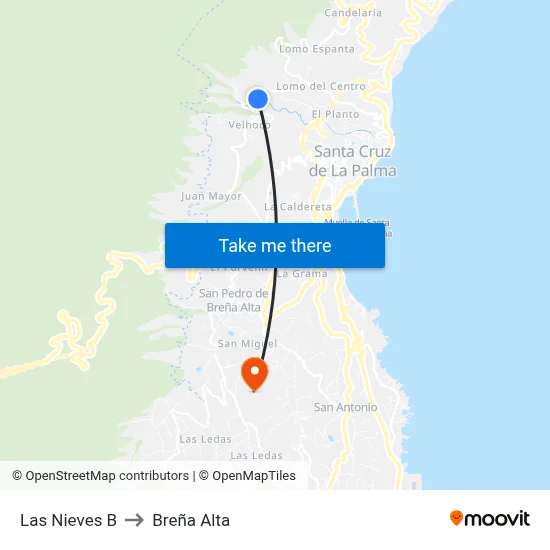 Las Nieves B to Breña Alta map