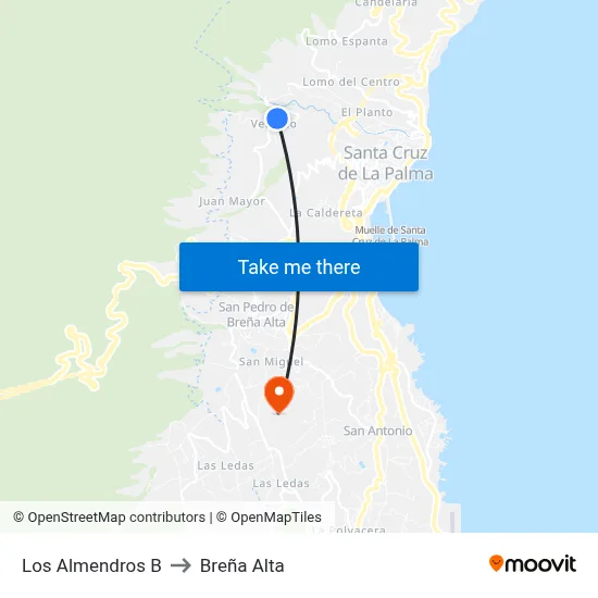 Los Almendros B to Breña Alta map