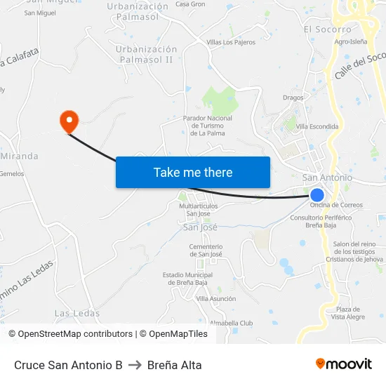 Cruce San Antonio B to Breña Alta map