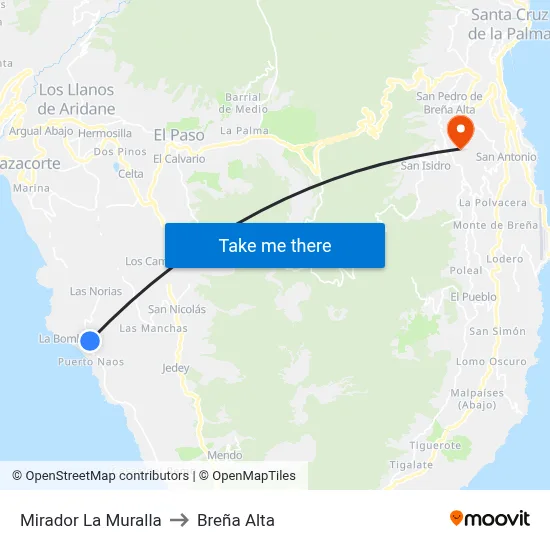 Mirador La Muralla to Breña Alta map