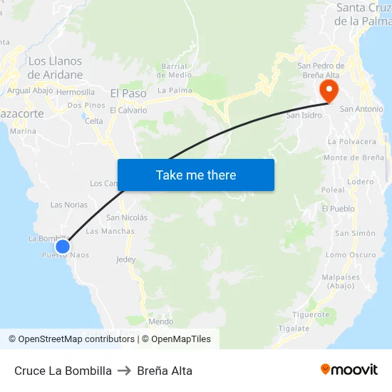 Cruce La Bombilla to Breña Alta map