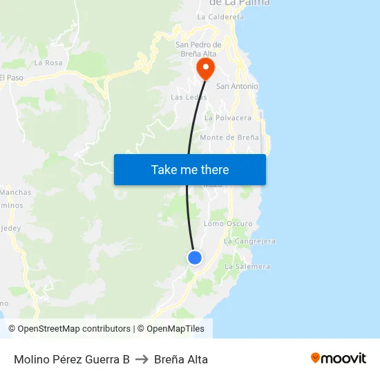 Molino Pérez Guerra B to Breña Alta map