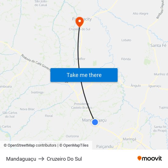 Mandaguaçu to Cruzeiro Do Sul map