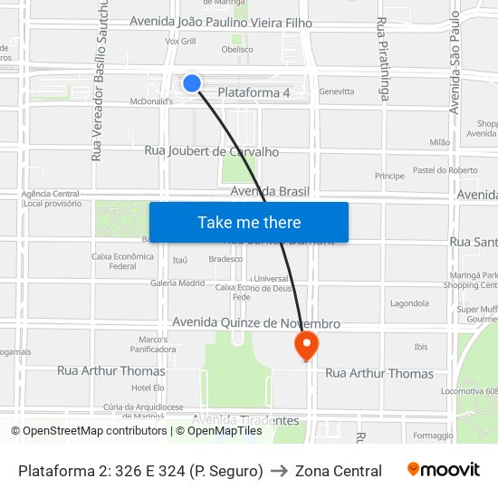 Plataforma 2: 326 E 324 (P. Seguro) to Zona Central map