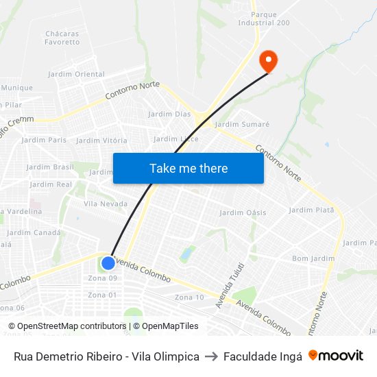 Rua Demetrio Ribeiro - Vila Olimpica to Faculdade Ingá map