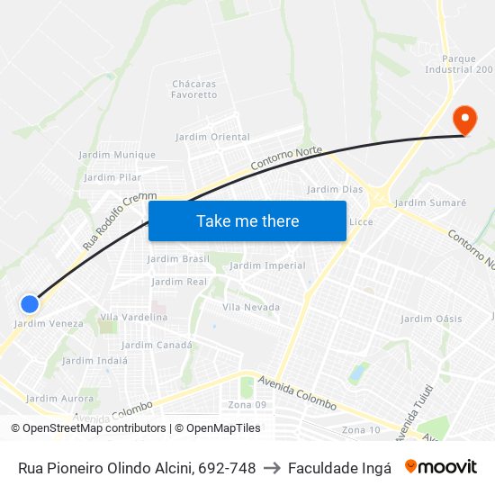 Rua Pioneiro Olindo Alcini, 692-748 to Faculdade Ingá map