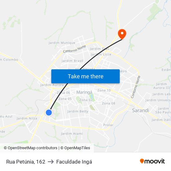 Rua Petúnia, 162 to Faculdade Ingá map