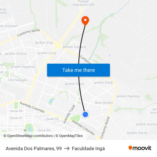 Avenida Dos Palmares, 99 to Faculdade Ingá map