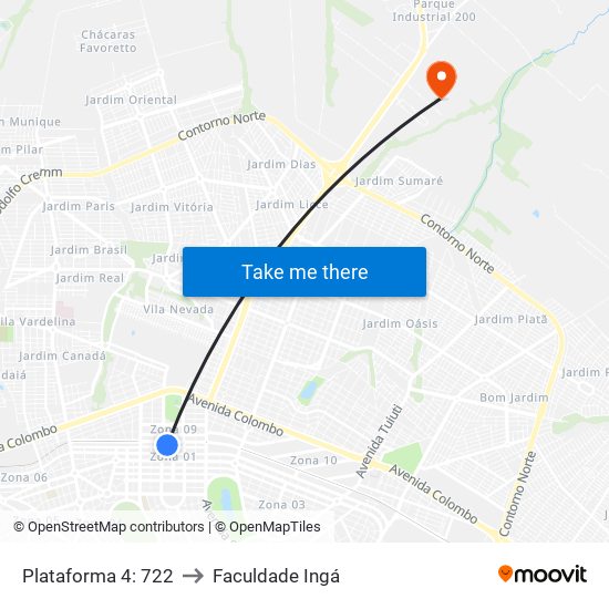 Plataforma 4: 722 to Faculdade Ingá map