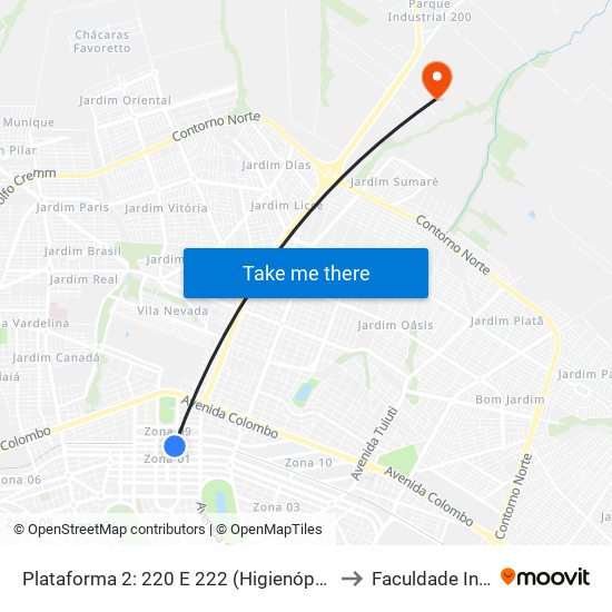 Plataforma 2: 220 E 222 (Higienópolis) to Faculdade Ingá map