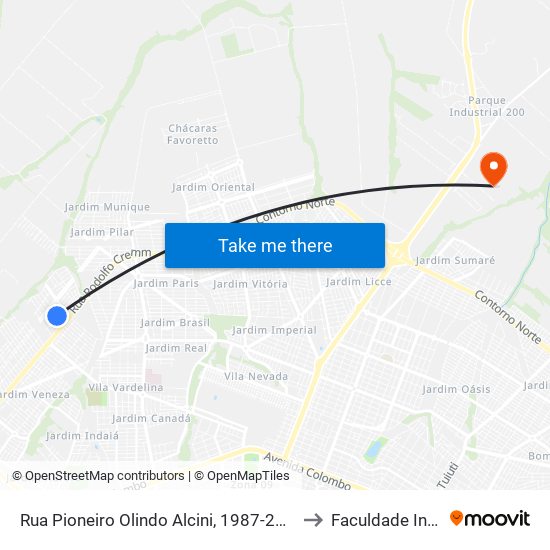 Rua Pioneiro Olindo Alcini, 1987-2049 to Faculdade Ingá map