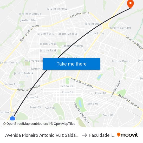 Avenida Pioneiro Antônio Ruiz Saldanha, 601 to Faculdade Ingá map