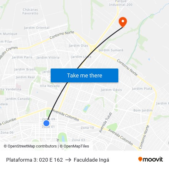 Plataforma 3: 020 E 162 to Faculdade Ingá map