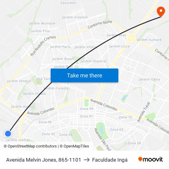 Avenida Melvin Jones, 865-1101 to Faculdade Ingá map