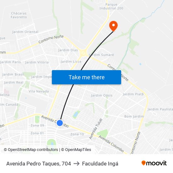 Avenida Pedro Taques, 704 to Faculdade Ingá map
