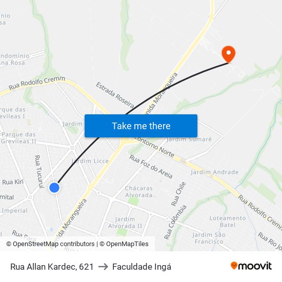 Rua Allan Kardec, 621 to Faculdade Ingá map