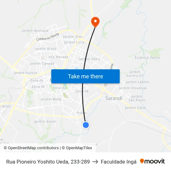 Rua Pioneiro Yoshito Ueda, 233-289 to Faculdade Ingá map