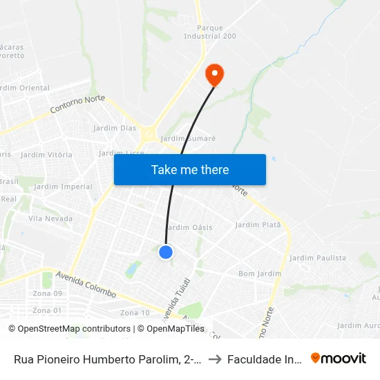 Rua Pioneiro Humberto Parolim, 2-58 to Faculdade Ingá map