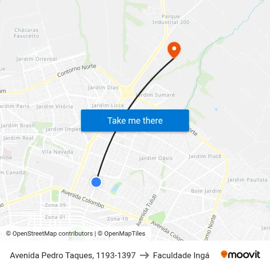 Avenida Pedro Taques, 1193-1397 to Faculdade Ingá map