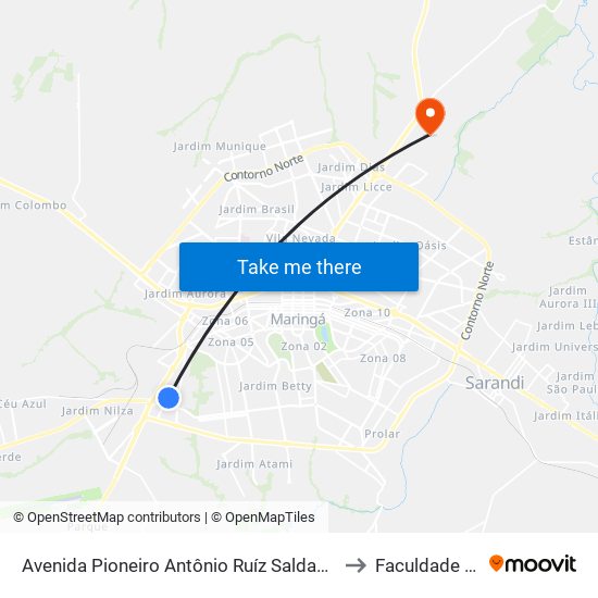 Avenida Pioneiro Antônio Ruíz Saldanha, 1733 to Faculdade Ingá map