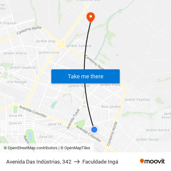 Avenida Das Indústrias, 342 to Faculdade Ingá map