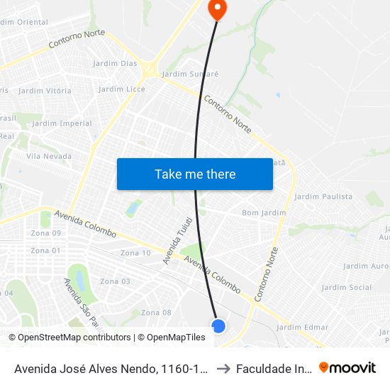 Avenida José Alves Nendo, 1160-1230 to Faculdade Ingá map