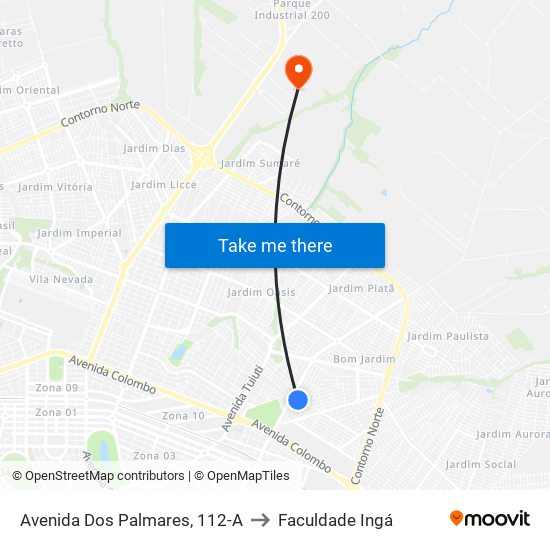Avenida Dos Palmares, 112-A to Faculdade Ingá map