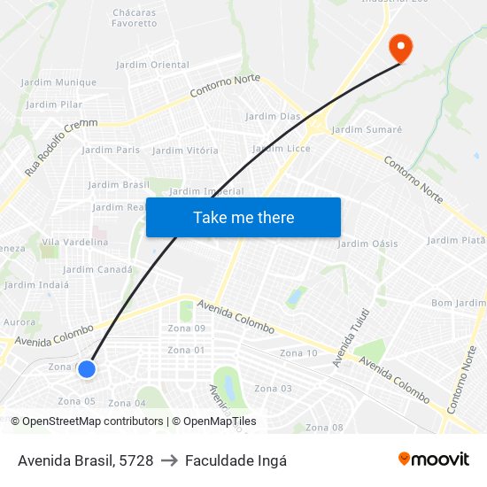 Avenida Brasil, 5728 to Faculdade Ingá map