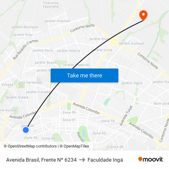 Avenida Brasil, Frente  Nº 6234 to Faculdade Ingá map