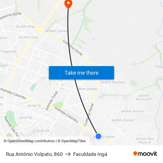 Rua Antônio Volpato, 860 to Faculdade Ingá map