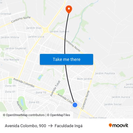 Avenida Colombo, 900 to Faculdade Ingá map