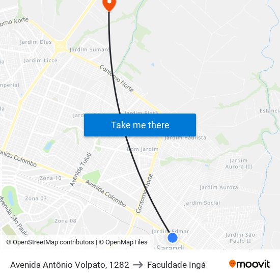 Avenida Antônio Volpato, 1282 to Faculdade Ingá map