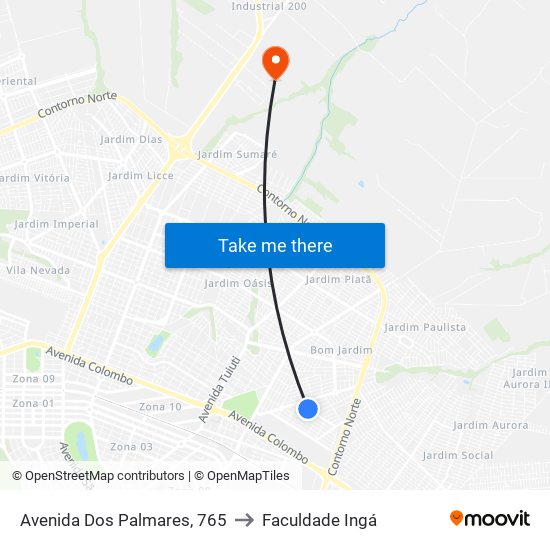 Avenida Dos Palmares, 765 to Faculdade Ingá map
