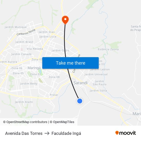 Avenida Das Torres to Faculdade Ingá map