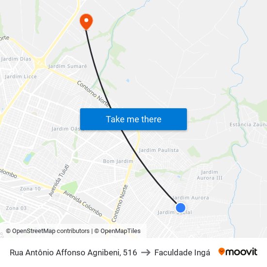 Rua Antônio Affonso Agnibeni, 516 to Faculdade Ingá map